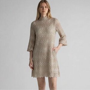 Free People Simone Crochet Lace Mini Dress Beige Boho Long Sleeve Small + Slip